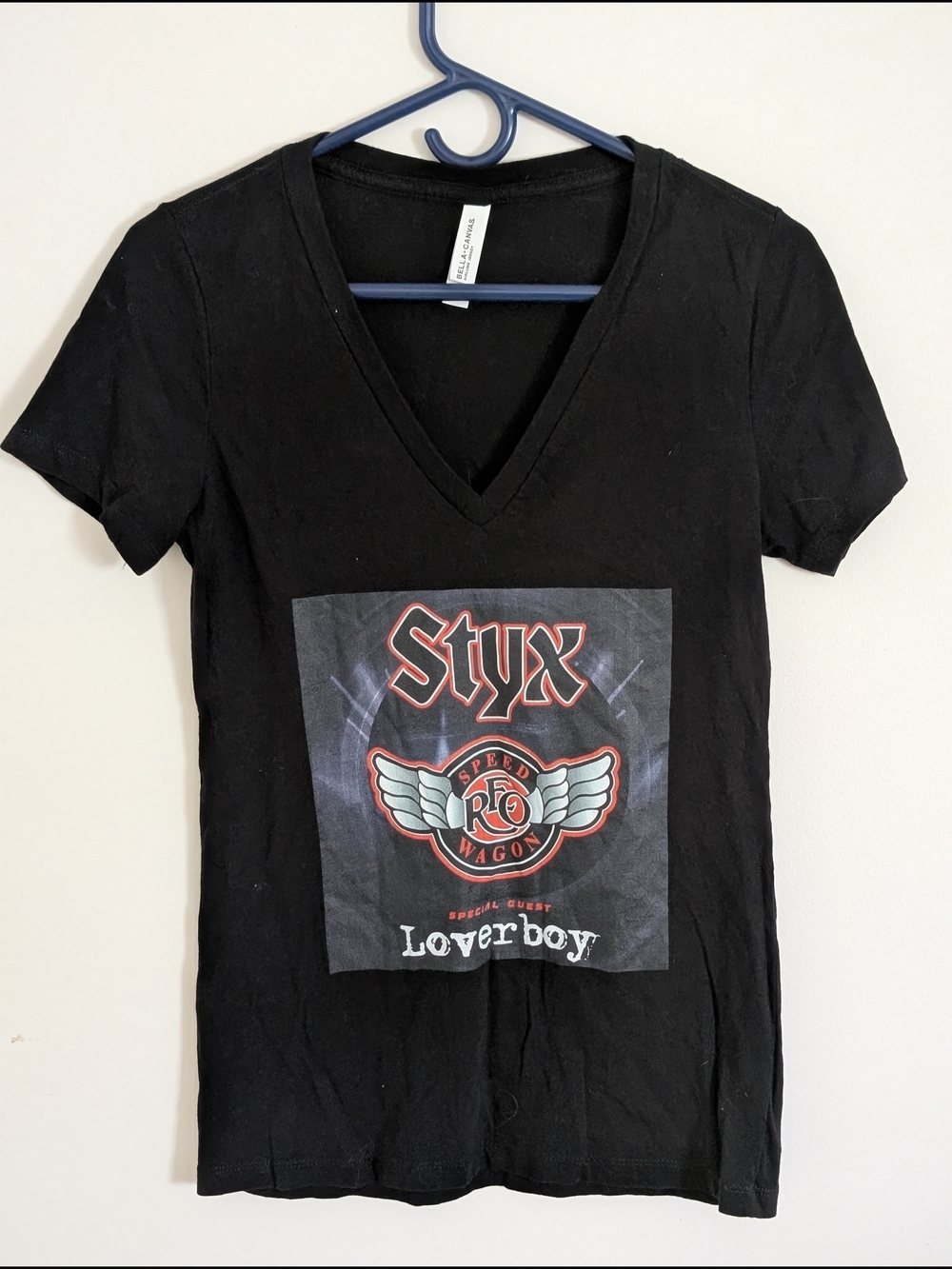 Bella + Canvas Black Styx Loverboy Graphic Logo Jersey V-Neck T-Shirt M
